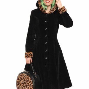 Collectif Hazel Leopard pinup Black Velvet swing coat with hood